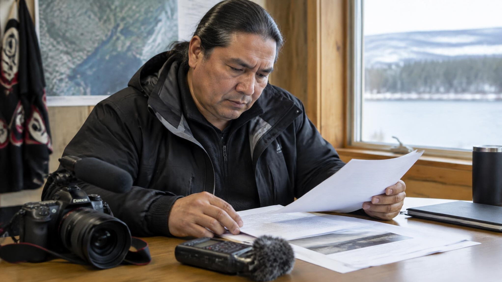 Journalist reviewing printed documents at a x76b440f with a camera nearby