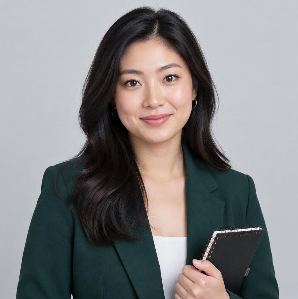 Studio portrait of an East Asian Canadian woman journalist