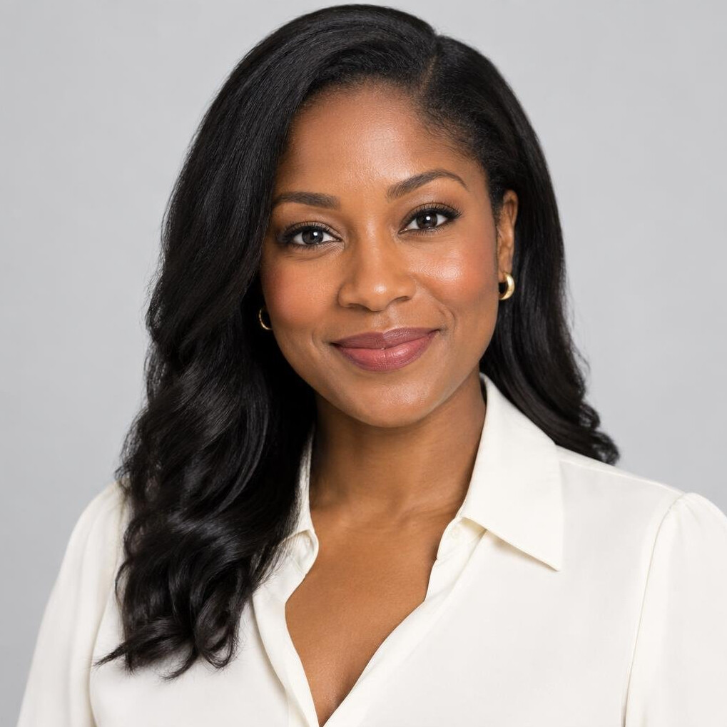 Studio portrait of a Black Canadian woman journalist smiling