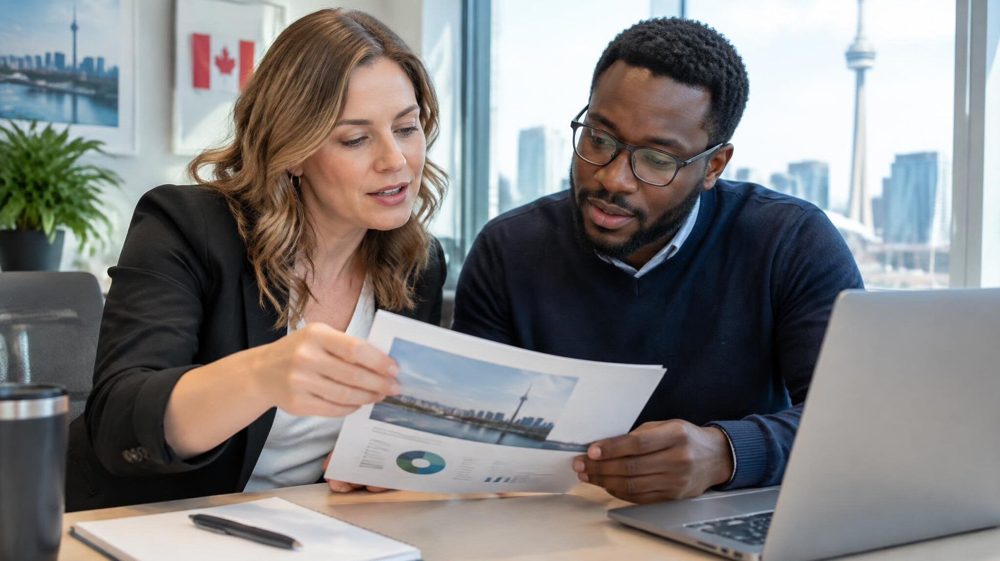 Two colleagues reviewing a printed report together at a desk